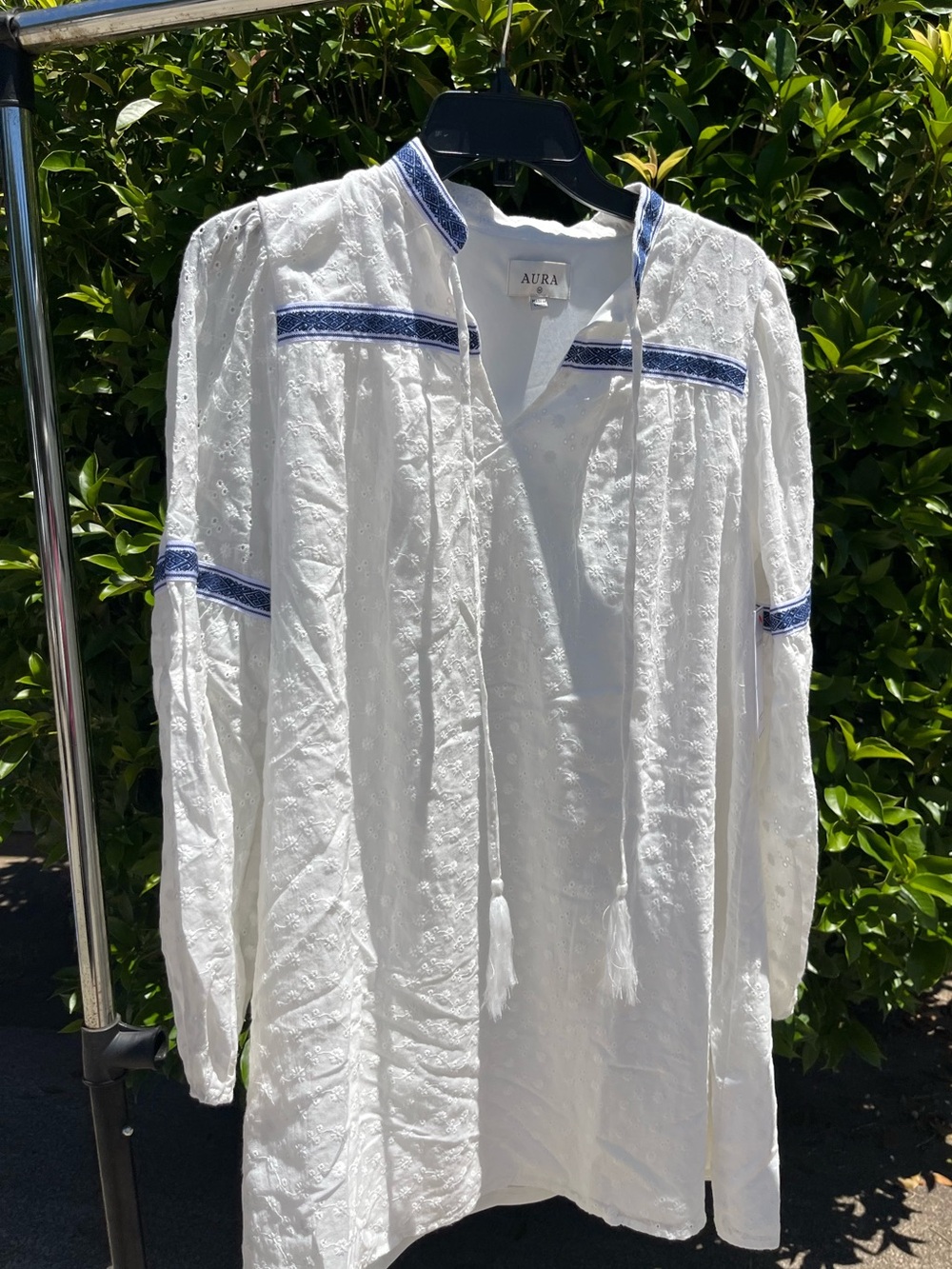 Aura White Cotton Embroidered  Dress with Blue Trim